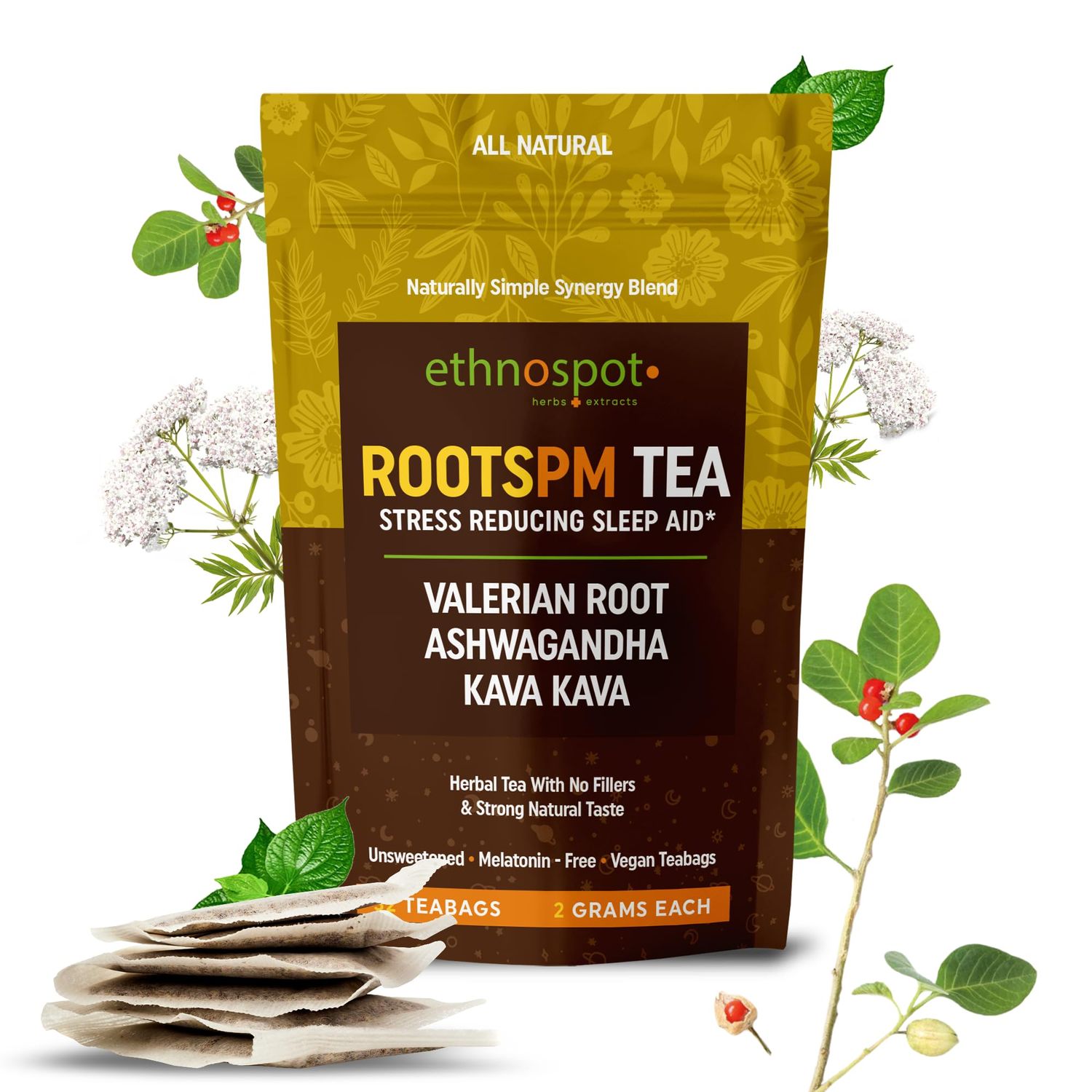 RootsPM Sleep Teabags - Herbal Blend of Valerian Root, Ashwagandha Kava Kava, Natural Relaxation Tea for Restful Nights, Unsweetened Vegan, 100 Natural Ingredients - 2 Gram Teabags - 32 Teabags