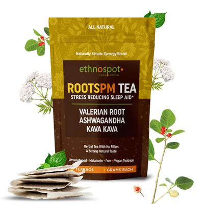 RootsPM Sleep Teabags - Herbal Blend of Valerian Root, Ashwagandha Kava Kava, Natural Relaxation Tea for Restful Nights, Unsweetened Vegan, 100 Natural Ingredients - 2 Gram Teabags - 32 Teabags