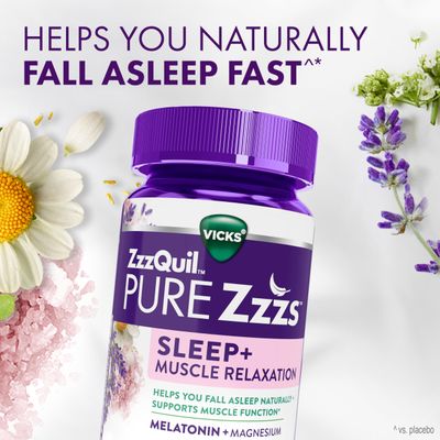 ZzzQuil Pure Zzzs Muscle Relaxation Melatonin Sleep Aid Gummies, Supports Muscle Function, Helps You Fall Asleep Naturally, Fast, Melatonin Magnesium, No Next-Day Grogginess, Drug-Free, 60ct