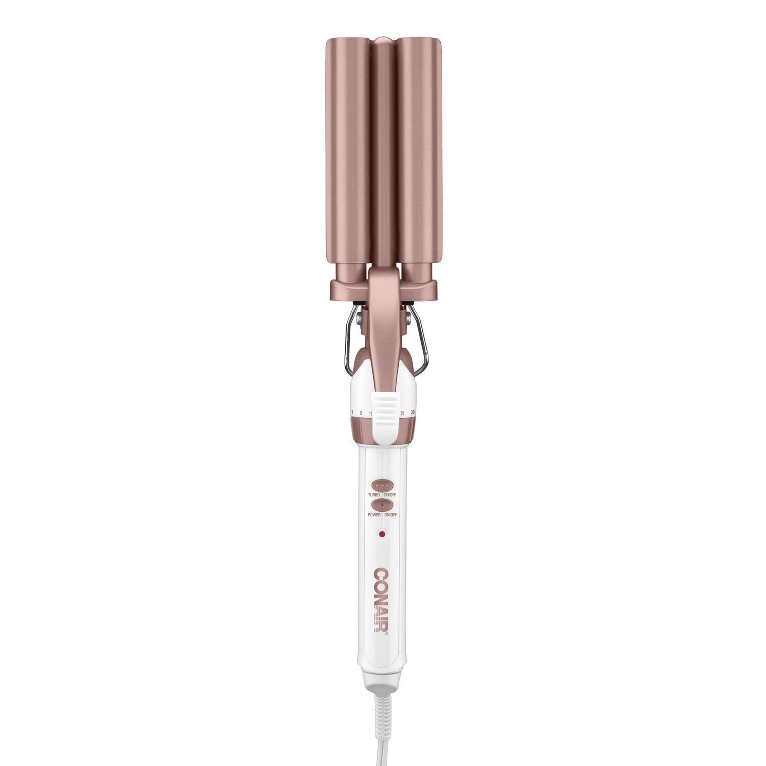 Conair Double Ceramic 3 Barrel Curling Iron, Hair Waver, Create Beachy Waves, Long-Lasting Natural Tight Waves for all Hair Lengths, White Rose Gold