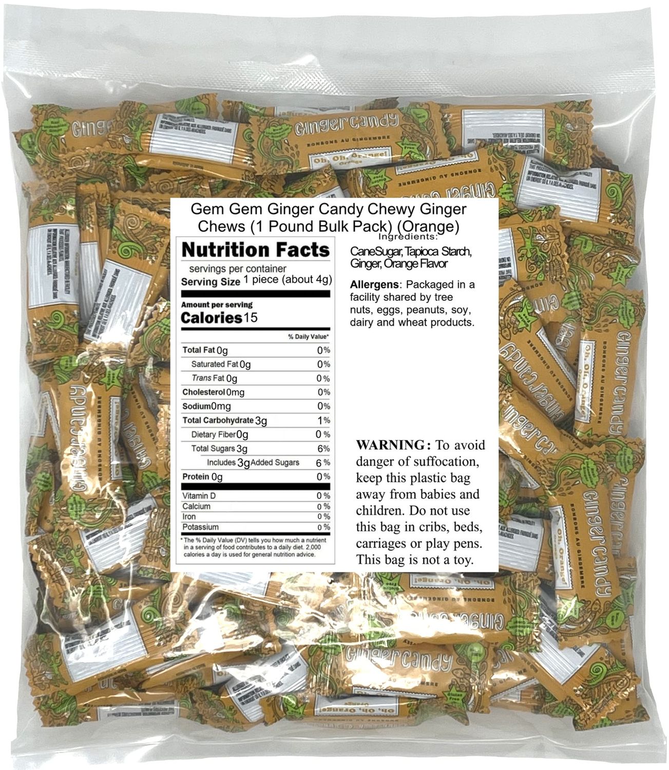 Gem Gem Ginger Candy Chewy Ginger Chews (1 Pound Bulk Pack) (Orange)