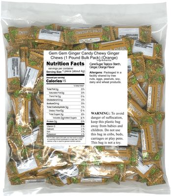 Gem Gem Ginger Candy Chewy Ginger Chews (1 Pound Bulk Pack) (Orange)