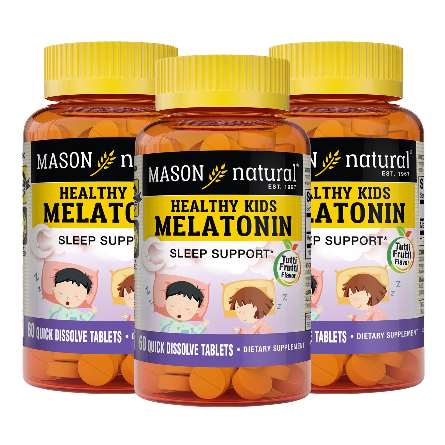 MASON NATURAL Healthy Kids Melatonin - for Children, Supports a Healthy Sleep, Fast Acting, Fruit Flavored, 60 Quick Dissolve Tablets (Pack of 3)