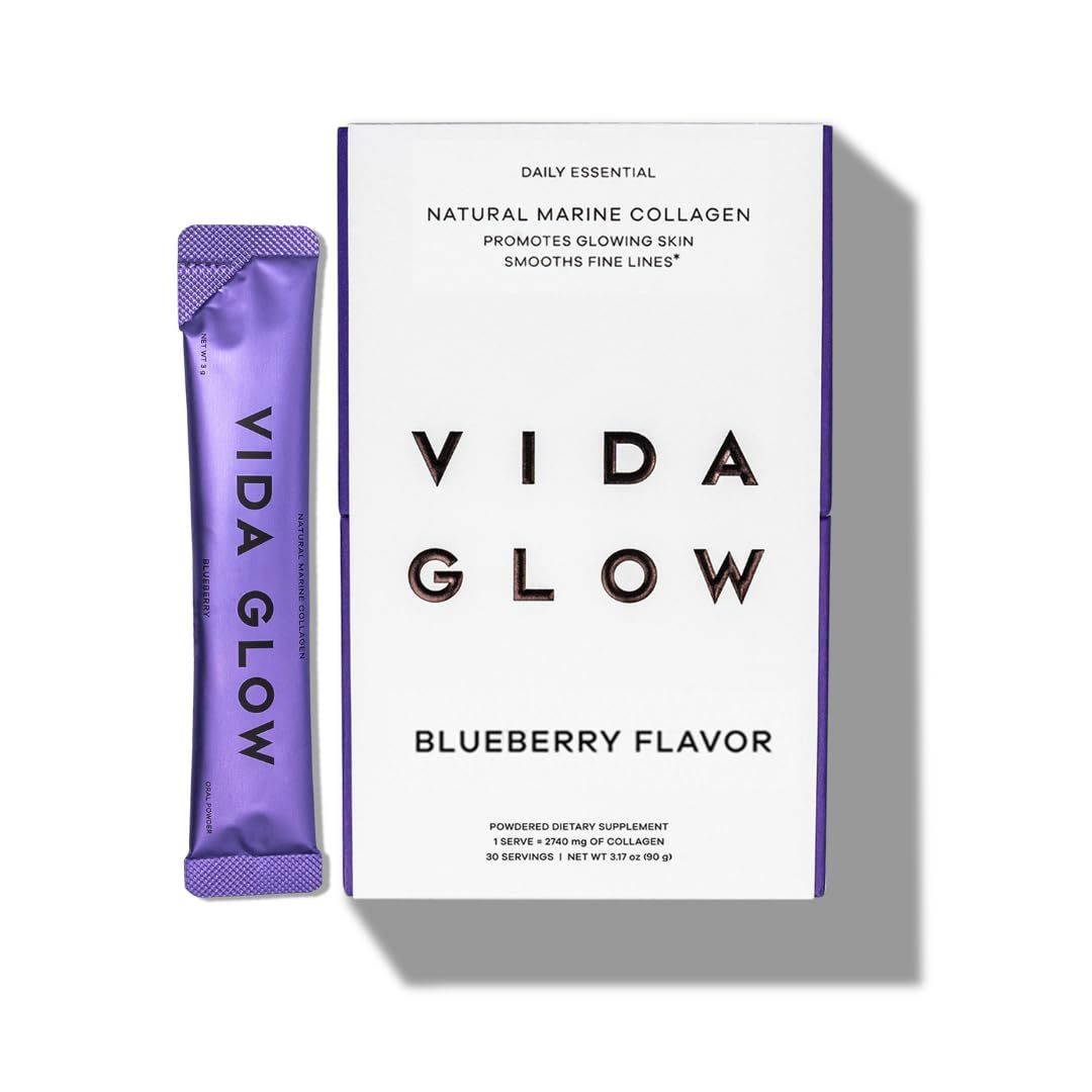 Vida Glow Marine Collagen Powder - Anti Aging Supplement with Collagen Peptides, Promotes Glowing Skin, Strong Nails, Healthy Hair 30 Servings, Original Flavor (One Size, Blueberry)