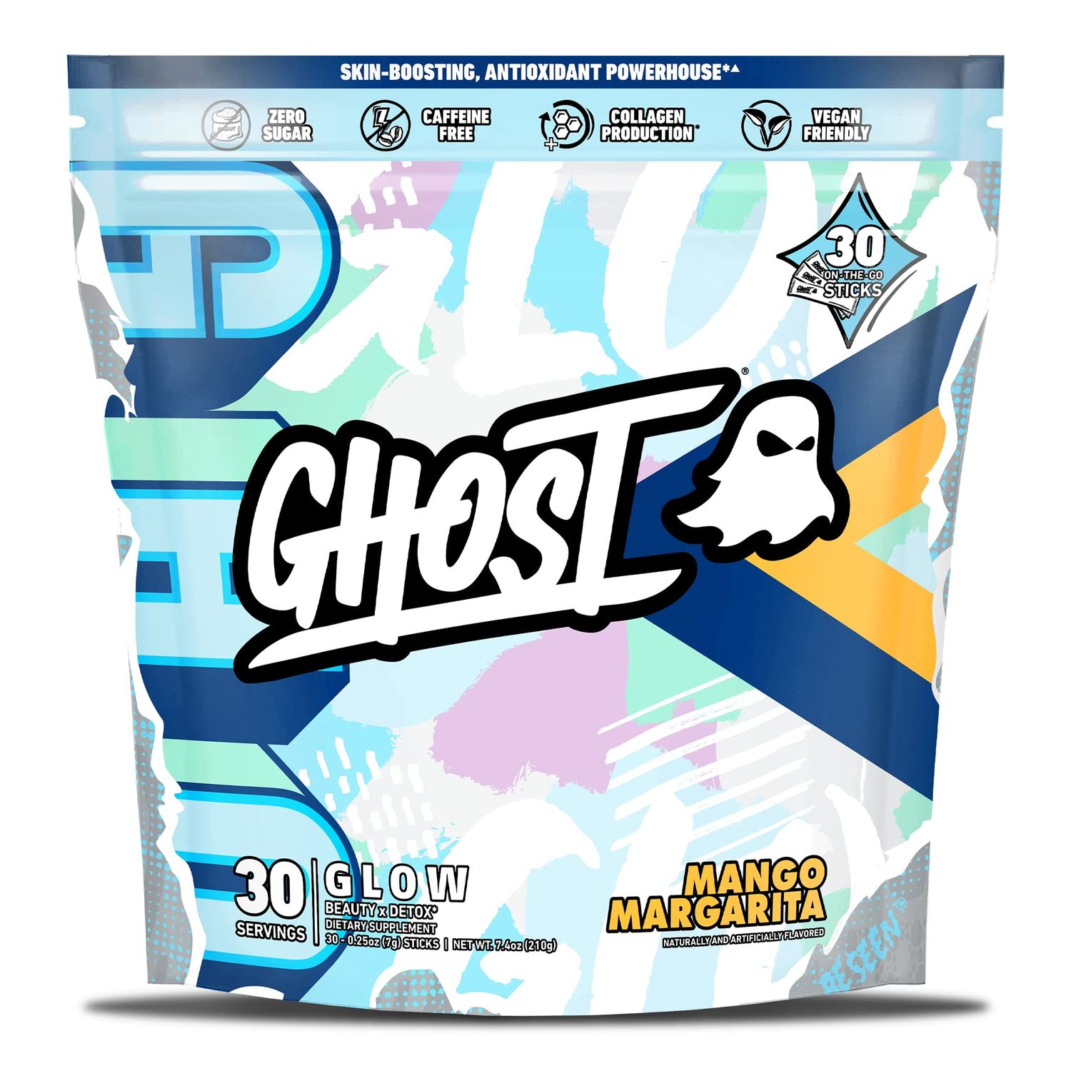 GHOST Glow Sticks: Beauty and Detox Supplement - 30 On-The-Go Stick Packs, Mango Margarita - Hyaluronic Acid, Biotin L-Theanine for Skin-Boosting Support - Sugar Free, Gluten Free