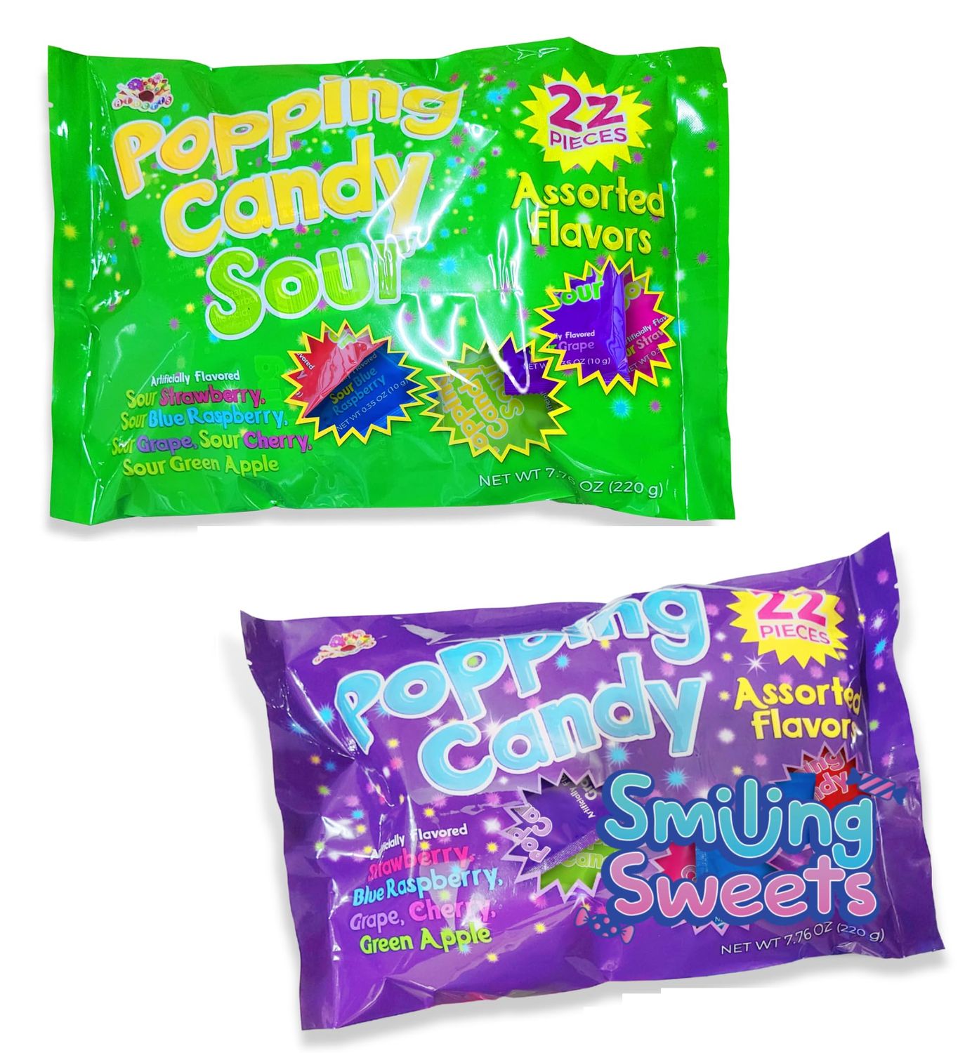 Smiling Sweets Popping Candy Variety Pack, Tasty Treats 1 Bag of Sour Popping Candy and 1 Bag of Assorted Popping Candy - (Pack of 2-22 Bags)