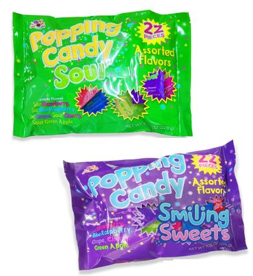 Smiling Sweets Popping Candy Variety Pack, Tasty Treats 1 Bag of Sour Popping Candy and 1 Bag of Assorted Popping Candy - (Pack of 2-22 Bags)