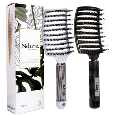 Performore Vented Boar Bristle Styling Hairstreaq Detangling Brush, Single White Brush Anti-Static Detangler, Wet or Dry Use, Fast Blow Drying, Use on Long or Short Hair. (2 Pack, White Black)