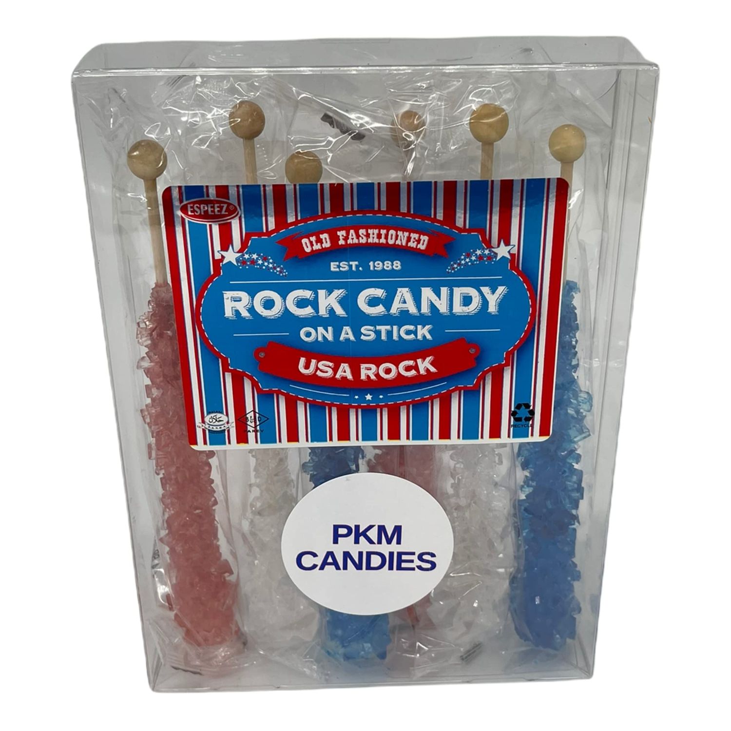 PKM Candies Frozen Ice Rock Candy Sticks - Individually Wrapped Rock Candy on a Stick ESPEEZ (USA ROCK, 1 Pk (6 Pcs per pack))