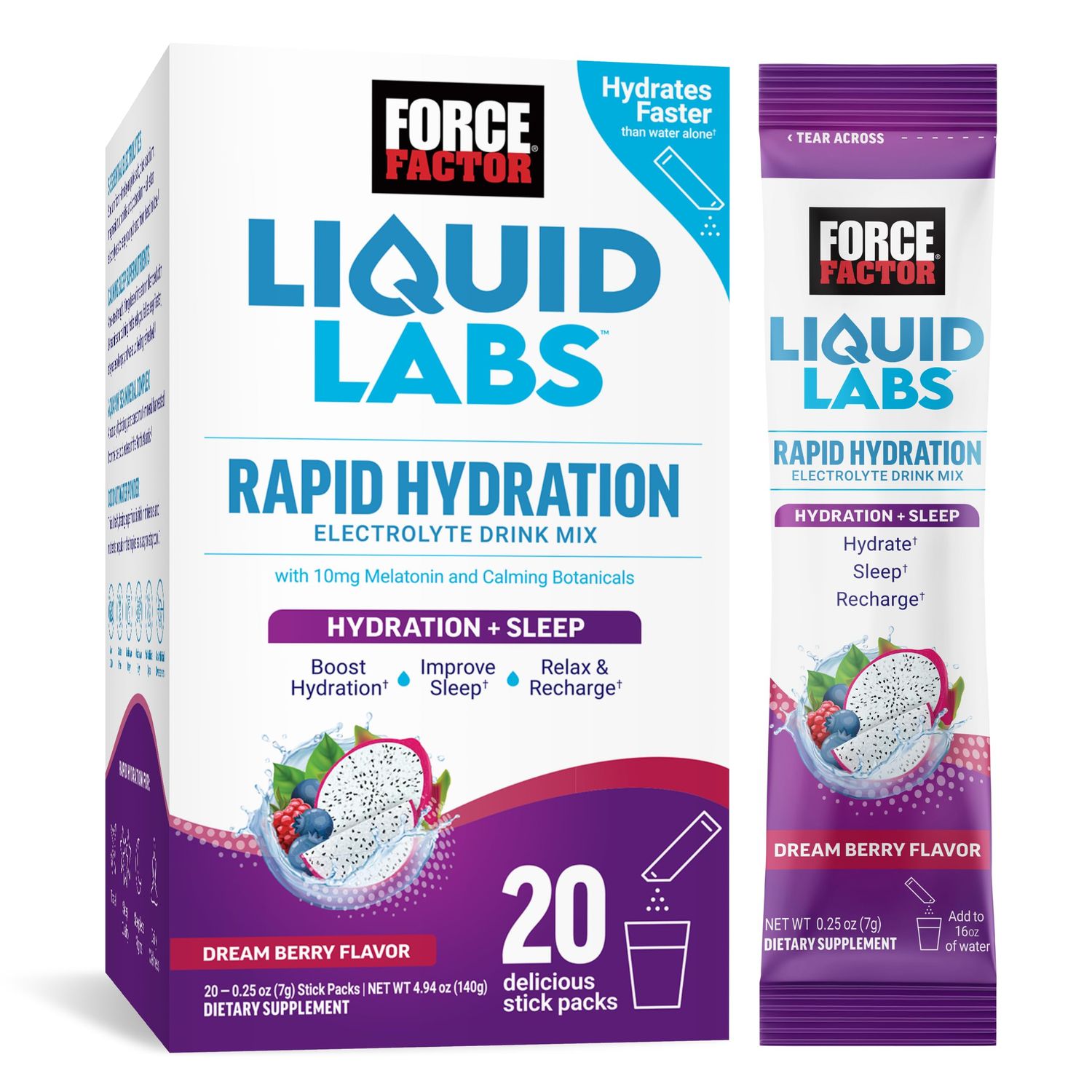 FORCE FACTOR Liquid Labs Sleep, Electrolytes Powder Sleep Aid with Melatonin 10mg, Hydration Packets for Sleep Support with Vitamins, Minerals, Antioxidants, Dream Berry Flavor, 20 Stick Packs
