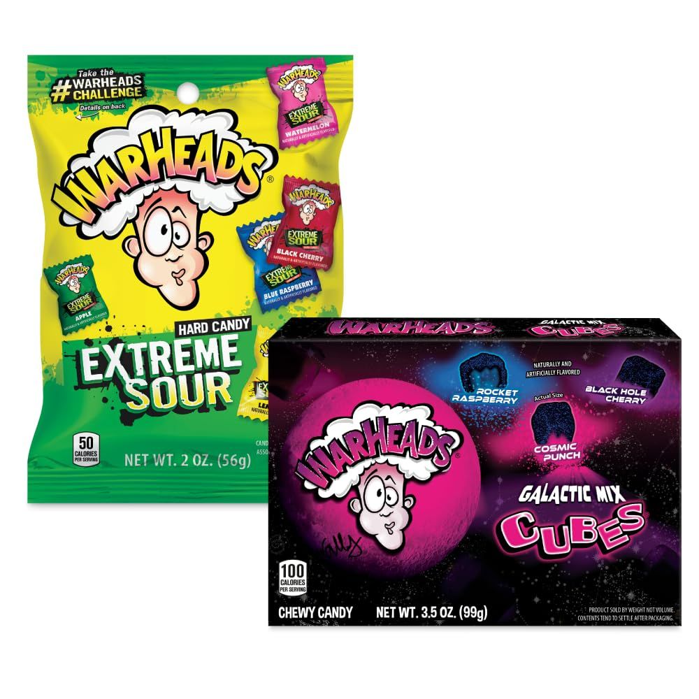 Warheads Extreme Sour Hard Candy, Assorted Flavors 2 OZ Bag Warheads Galactic Mix Cubes Chewy Candy, 3.5 Ounce Bag