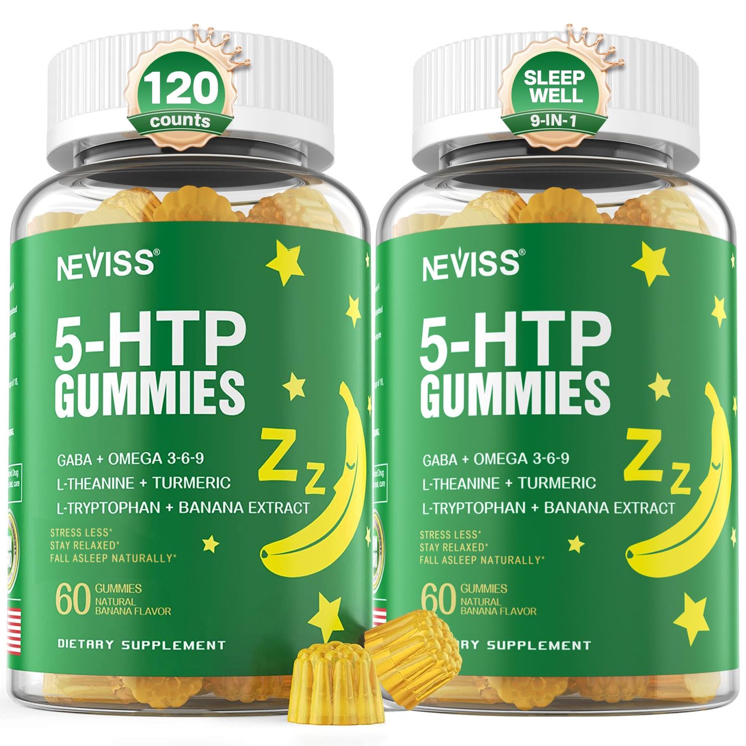 5-HTP GABA Gummies - Melatonin Free Calm Relaxation Gummies wBanana Extract, L-Theanine, L-Tryptophan, Omega-3-6-9 for Health Rest Cycle Circadian Rhythm, Natural Zzzs, Brain Relax (Pack of 2)