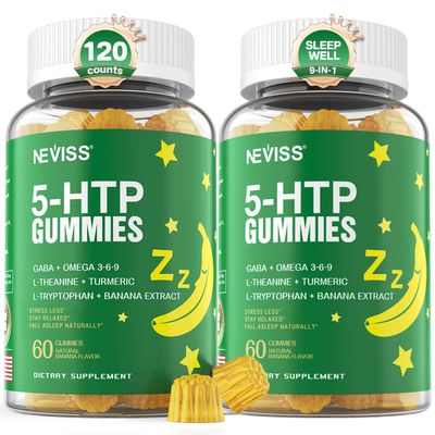 5-HTP GABA Gummies - Melatonin Free Calm Relaxation Gummies wBanana Extract, L-Theanine, L-Tryptophan, Omega-3-6-9 for Health Rest Cycle Circadian Rhythm, Natural Zzzs, Brain Relax (Pack of 2)