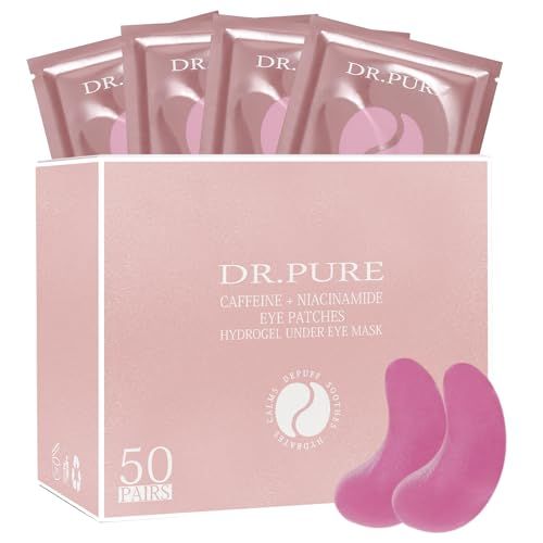 Dr. Pure Under Eye Patches for Puffiness: Caffeine Eye Mask for Dark Circles and Puffy Eyes with Niacinamide Hyaluronic Acid - Smooth Wrinkles Reduce Eye Bags Undereye Gel Pad (50 Pairs)