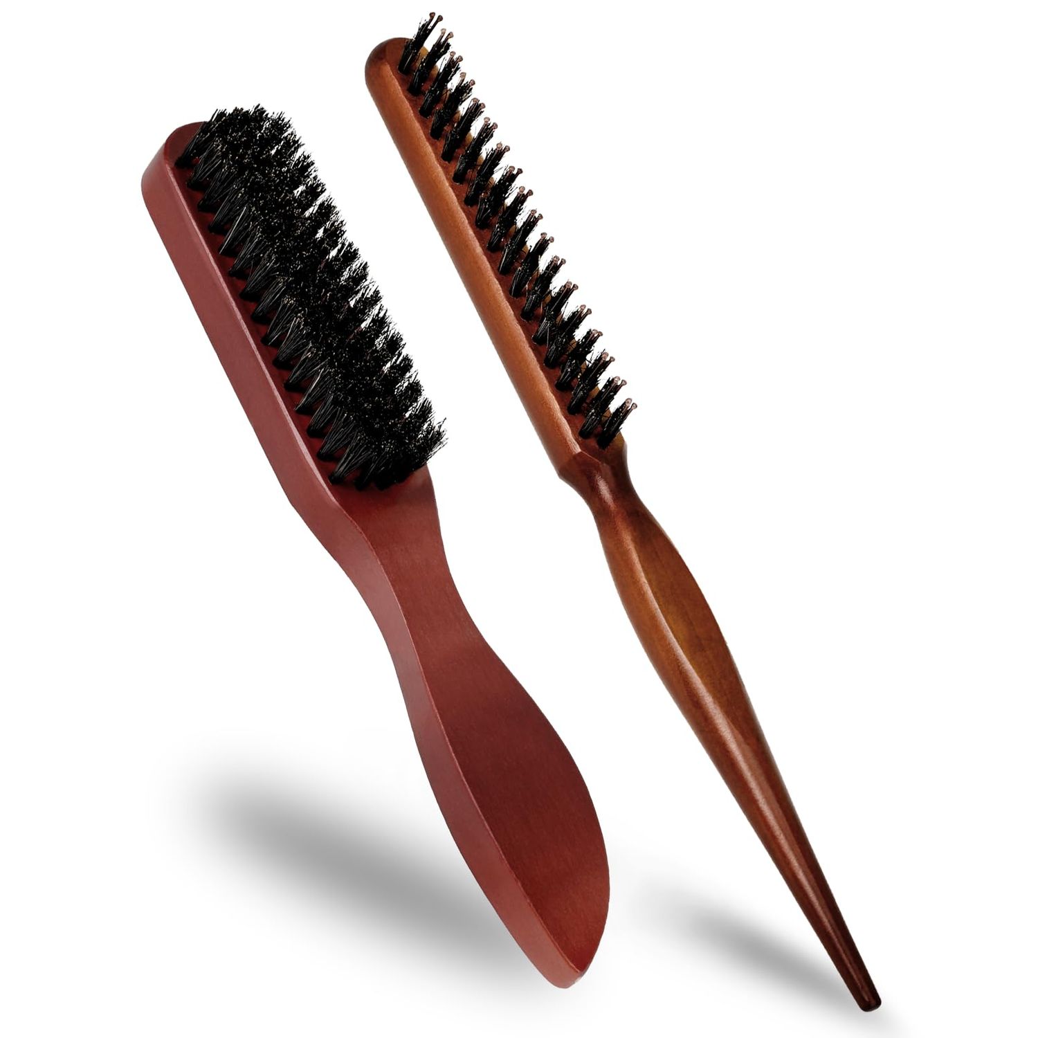 Slick Back Hair Brush, 2 PCS Wood Handle Edge Brush Set Boar Bristle Teasing Brush Rat Tail Comb Small Portable Travel Hair Brush for Women Thin Fine Hair Smoothing, Sectioning, Beard Brush for Men