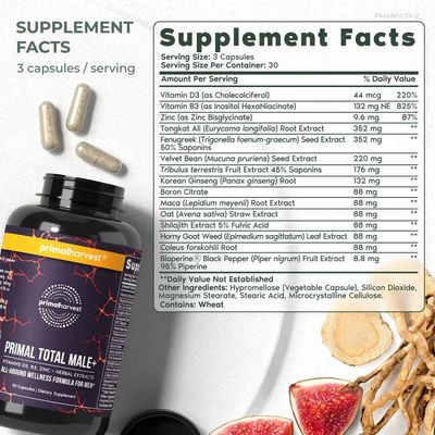 Primal Harvest 2 Pack, Primal Total Male Natural Tribulus Terrestris, Fenugreek, Korean Ginseng, Maca Root Horny Goat Weed for Men Booster, Max Boost 180 Capsules