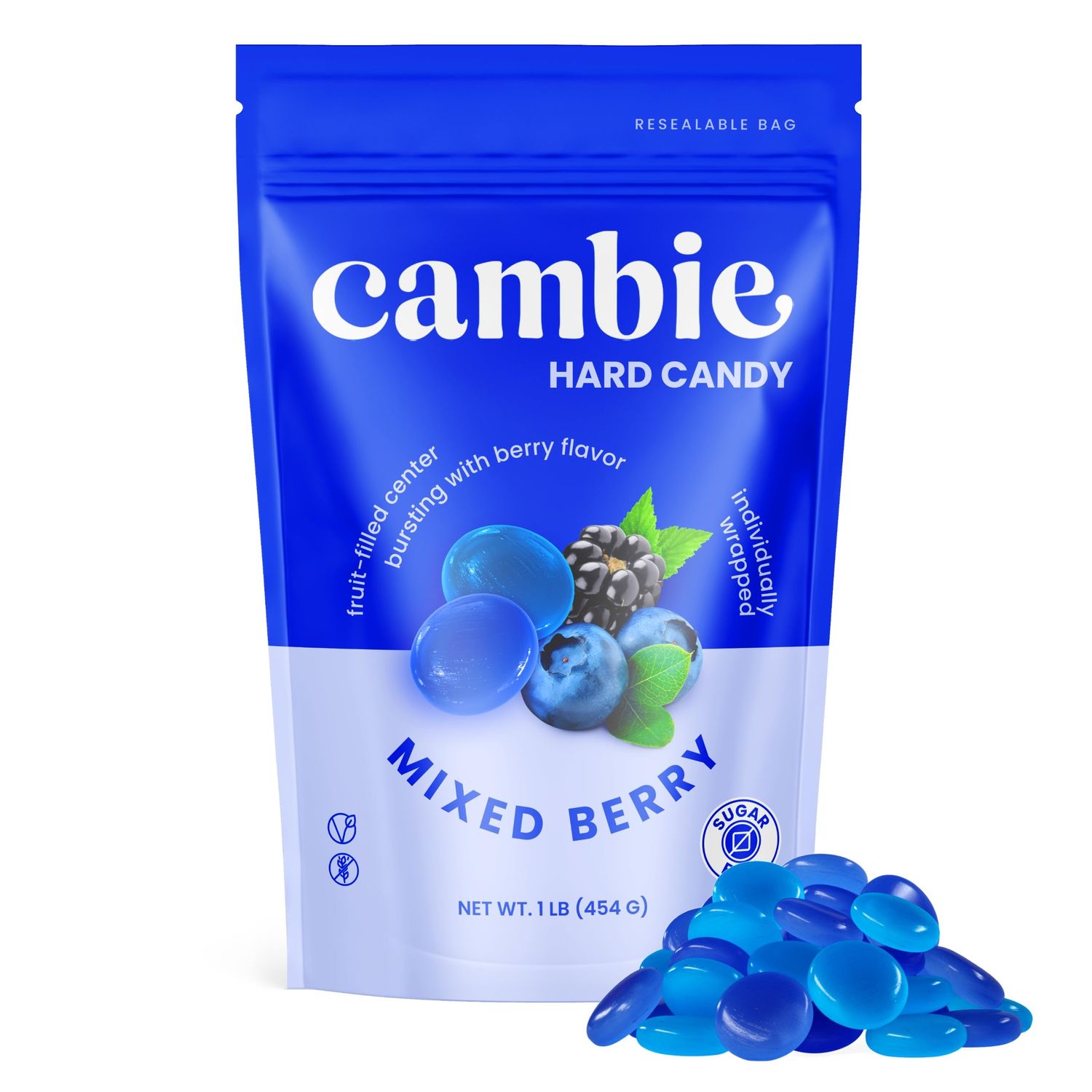 Cambie Sugar Free Mixed Berry Hard Candy - 1 Pound of Individually Wrapped Low Calorie Snacks, Keto Friendly, Diabetic Safe, Packaged Fresh in Resealable Pouch
