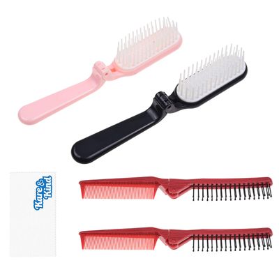 Kare Kind 4x Foldable Hairbrush and Comb - Pocket-Sized Grooming Tool for Travel - Fine and Wide Tooth Anti-Static Comb and Brush - For Straight, Curly, Fine, Thick Hair - Home, Purse, Gym, Bag, Car