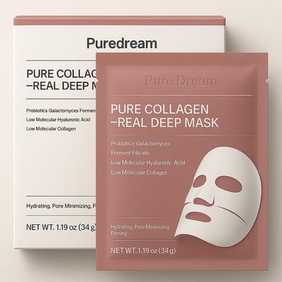 Puredream Collagen Real Deep Mask - Hydrating, Firming, Pore Minimizing Facial Sheet Mask - With Hyaluronic Acid, Collagen, and Galactomyces - 4 Sheets (34g Each)