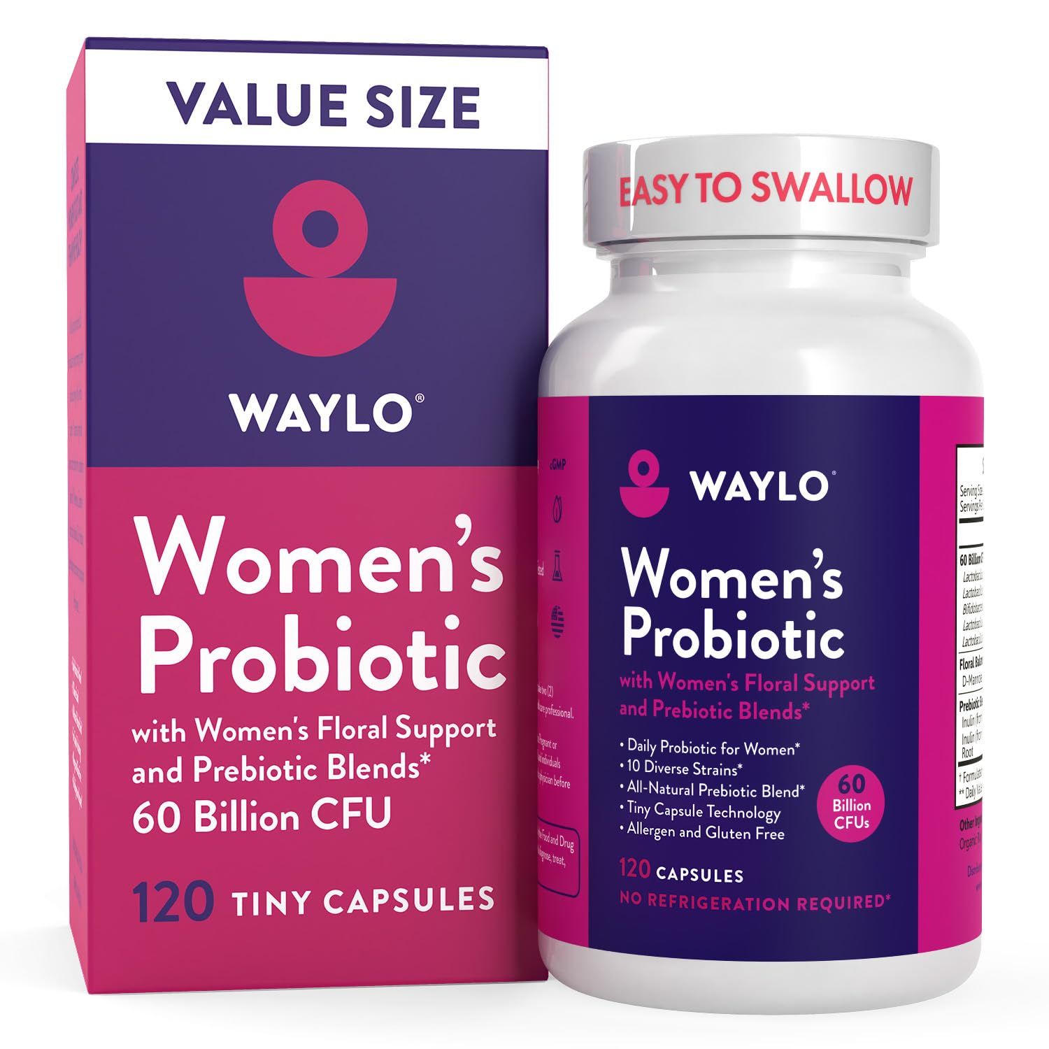 Probiotics for Women Easy to Swallow Tiny Capsule with Prebiotics, 60 Billion CFUs Vaginal Probiotics with Cranberry D-Mannose for Urinary Tract Health pH Balance, 120 Capsules