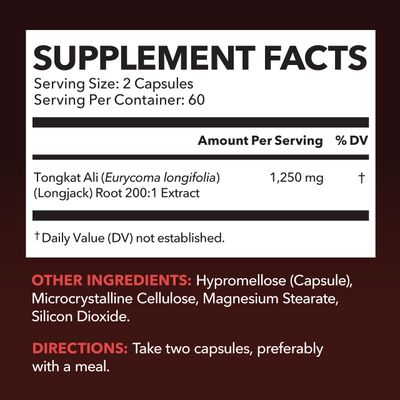 Tongkat Ali Longjack Capsules for Men - 1,250mg Per Serving - Eurycoma Longifolia Extract 200:1 - Supports Male Health, Energy, and Performance - 120 Count - Non-GMO, Vegetarian - 2 Month Supply