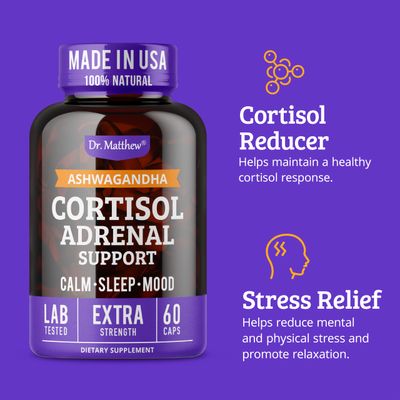 Dr. Matthew Cortisol Reducer Supplement for Women. Adrenal Support with Ashwagandha, Rhodiola Ginseng - A Detox Cocktail to Lower Cortisol Aid Relaxation, Calm and Restful Sleep