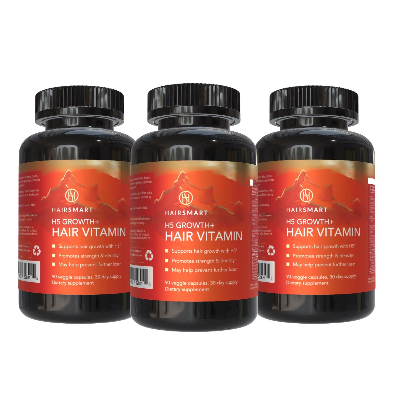 HairSmart H5 Grow Hair Vitamin Supplement - Biotin, Ayurvedic Herbs 5 Nutrient Groups for Hair Growth, Density Strength Best Hair Growth Supplement for Men and Women (Pack of 3)