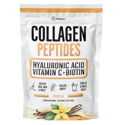 Dr. Matthew Vanilla Collagen Protein Powder with Hyaluronic Acid, Vitamin C and Biotin for Hair, Skin, Nails, Joint. Keto, Type 1 and 3.
