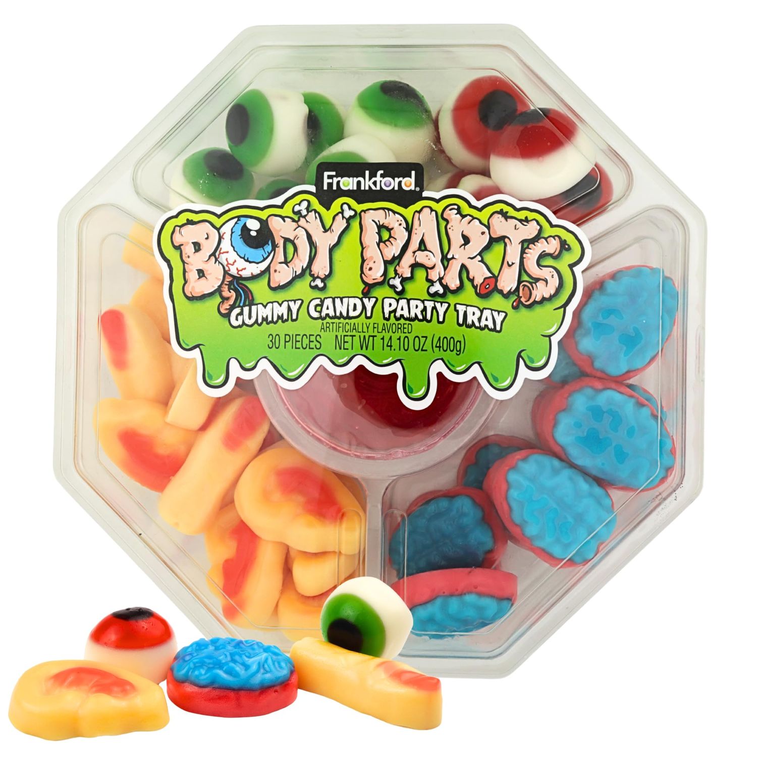 Frankford Halloween Gummy Body Parts Party Tray, Eyeballs, Fingers, Brains, and Ears, 14.10 Ounces