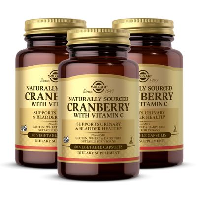 SOLGAR Cranberry with Vitamin C - 60 Vegetable Capsules, Pack of 3 - Supports Urinary Bladder Health - Non-GMO, Vegan, Kosher, Gluten Free - 180 Total Servings