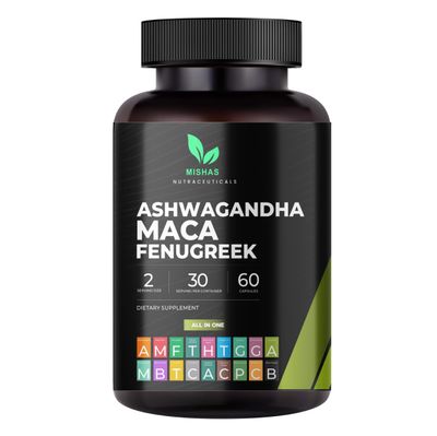 Mishas Nutraceuticals Ashwagandha, Maca Root, Fenugreek Supplement with Ginseng - Supports Stress Relief, Mood Balance Thyroid Health - 60 Capsules