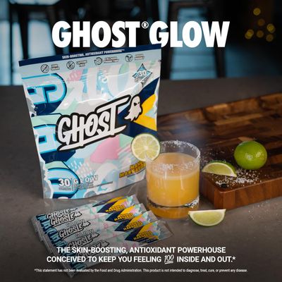 GHOST Glow Sticks: Beauty and Detox Supplement - 30 On-The-Go Stick Packs, Mango Margarita - Hyaluronic Acid, Biotin L-Theanine for Skin-Boosting Support - Sugar Free, Gluten Free