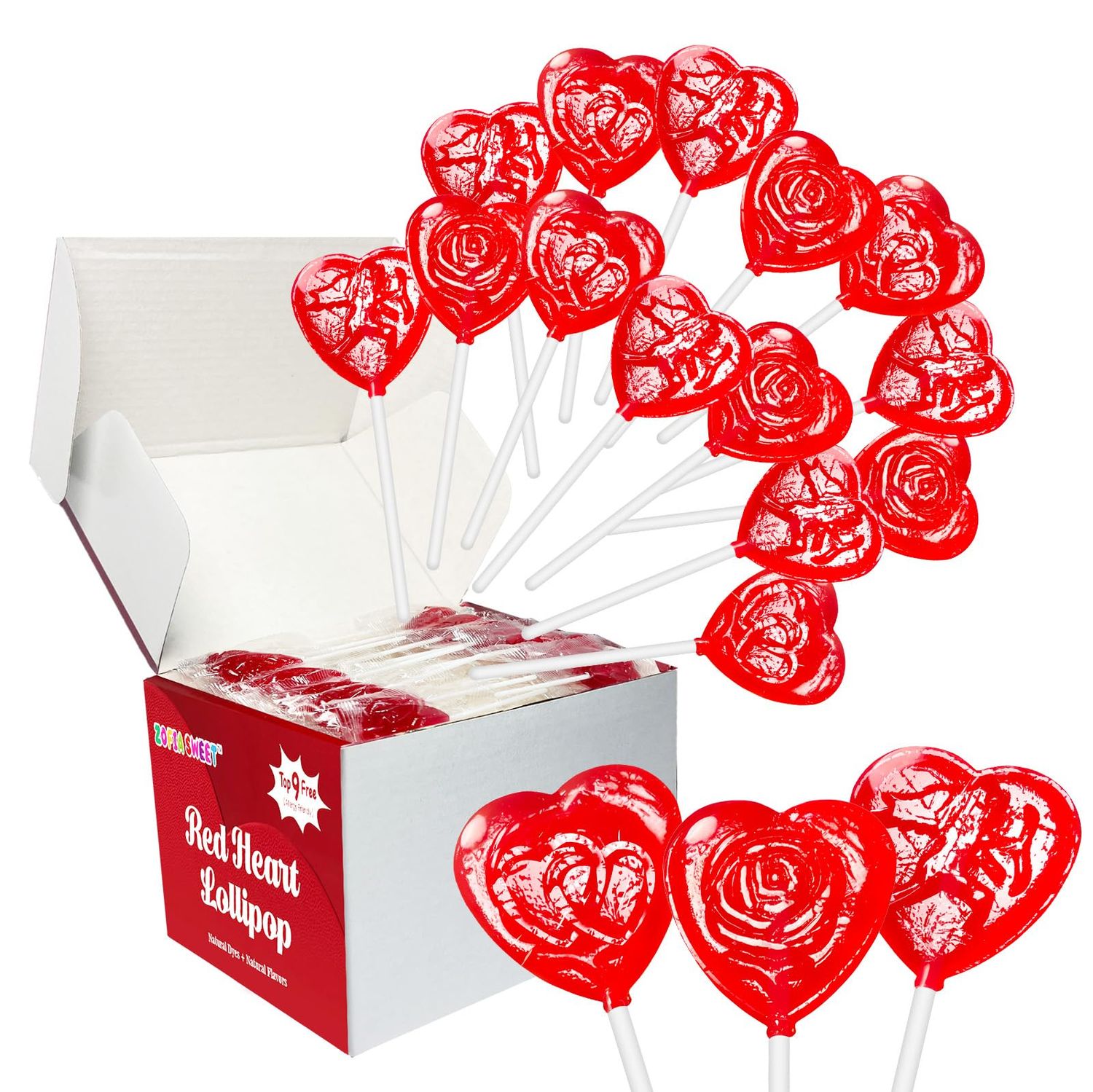 No Artificial Dyes or Flavors, 36 Pack Romantic 3D Red Heart-Shaped Lollipops Carvings In Flower, Arrow and Cupid, Lollipops suckers Individually Wrapped For Party Favors, Gluten Free Raspberry Flavor