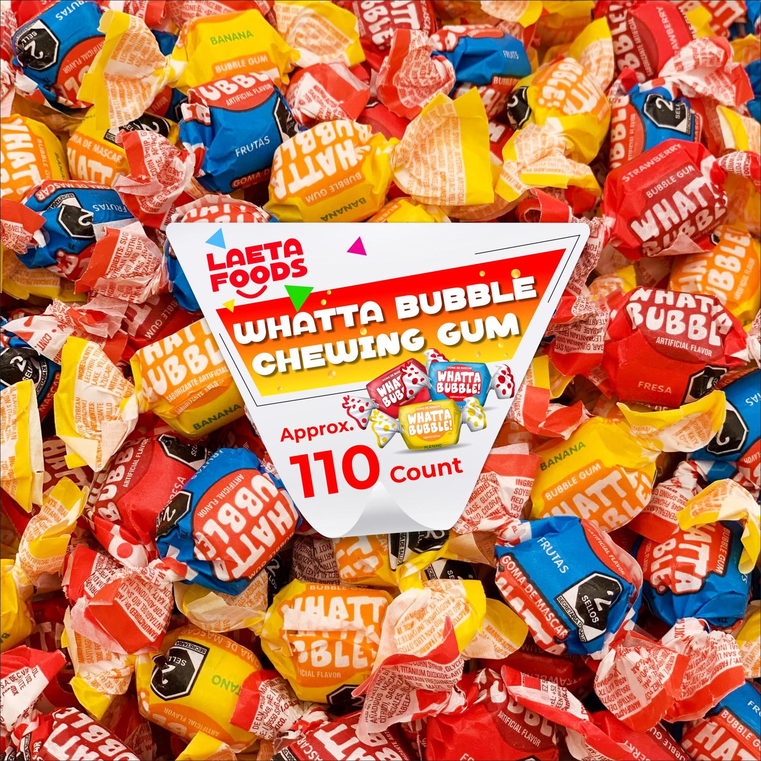Whatta Bubble Chewing Gum Assorted Fruit Flavors (1 Pound Bag - Approx. 110 Count)