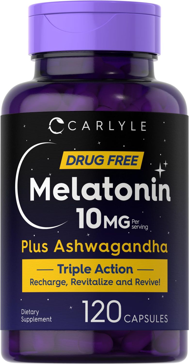 Carlyle Melatonin 10mg 120 Capsules with Ashwagandha Triple Strength Formula Non-GMO, Gluten Free Supplement