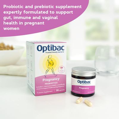 Optibac Probiotics Pregnancy - Vegan Probiotic for Pregnant Breastfeeding Women to Support Gut, Immune Vaginal Health, 12 Billion CFU Prebiotic - 30 Capsules