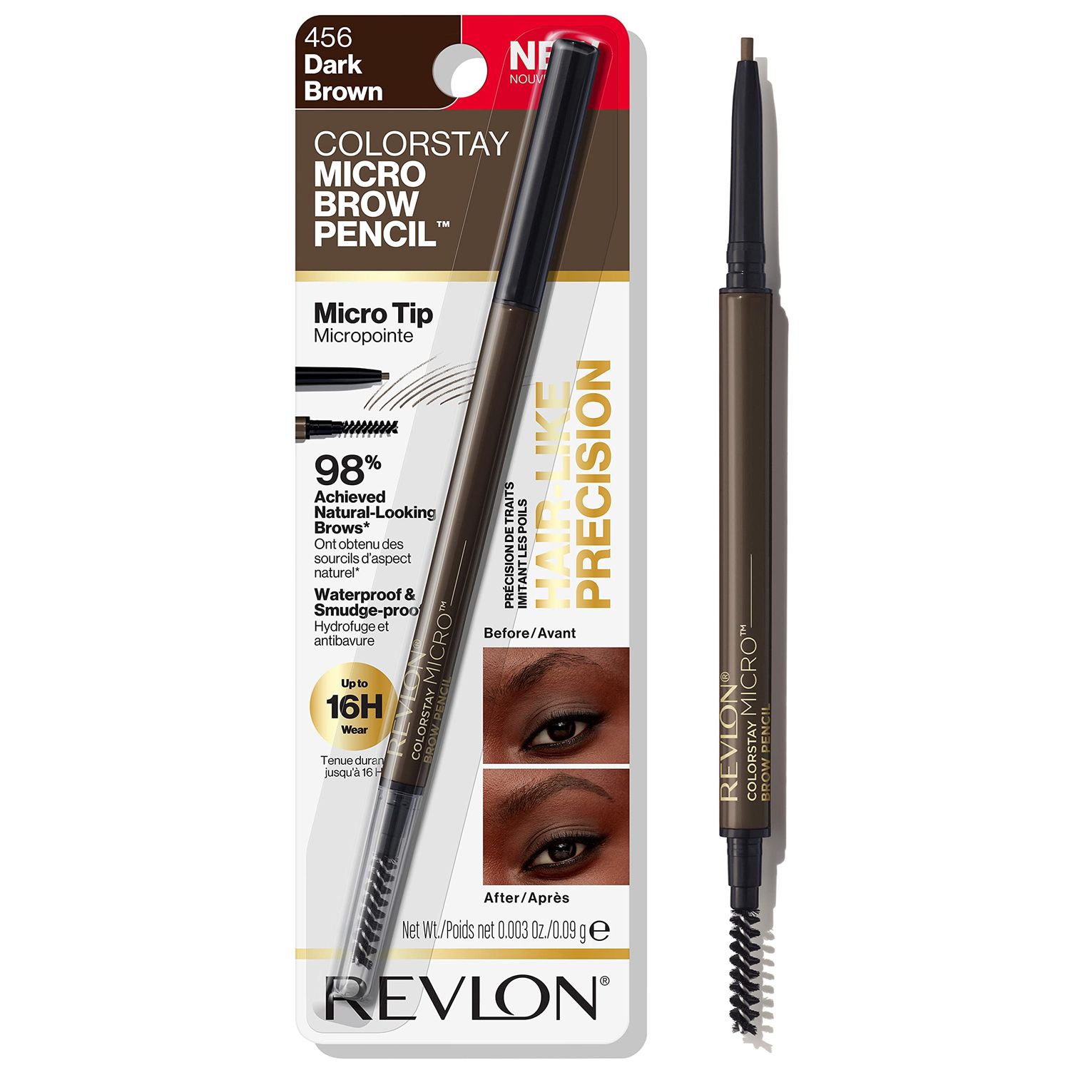 Revlon ColorStay Micro Eyebrow Pencil with Built-In Spoolie Brush, Valentine&#39;s Day Makeup Gifts for Women, Infused with Argan and Marula Oil, Waterproof, Smudgeproof, 456 Dark Brown, 1 Count