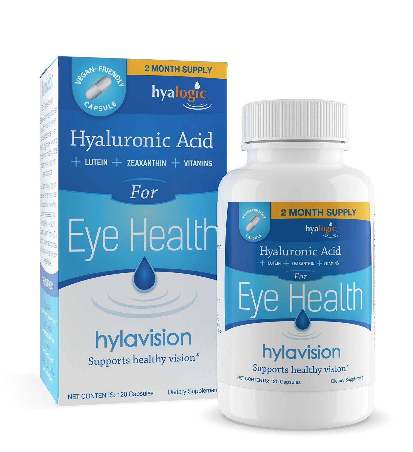 HylaVision Eye Health Supplements: Hyaluronic Acid, Lutein and Zeaxanthin Dietary Supplements for Vision Support (120 Capsules)- Vegan Formula by Hyalogic