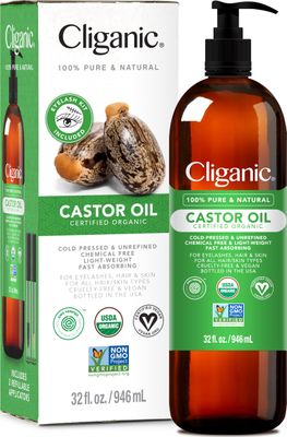 Cliganic Organic Castor Oil, 100 Pure (32oz with Eyelash Kit) - For Eyelashes, Eyebrows, Hair Skin Natural Cold Pressed Unrefined Hexane-Free