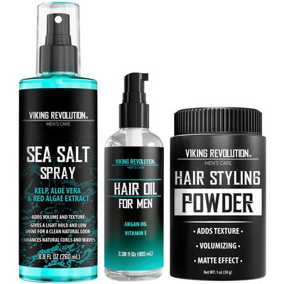 Viking Revolution Sea Salt Spray for Hair Men (8fl oz), Hydrating Hair Oil for Men with Vitamin E (3.38fl oz) and Hair Styling Powder for Men (1oz) - Men Hair Styling Texturizing Kit
