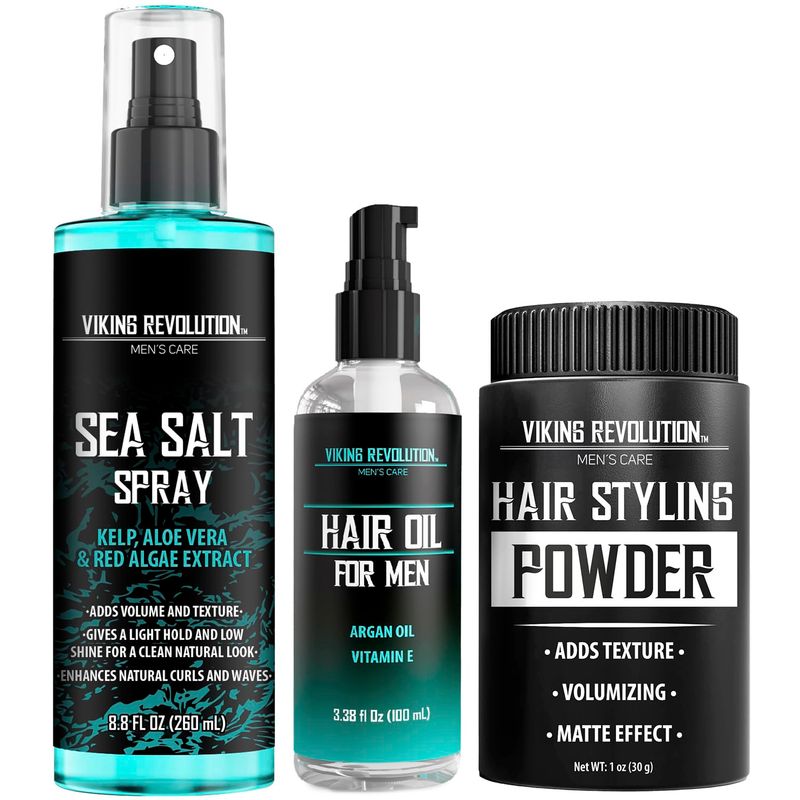 Viking Revolution Sea Salt Spray for Hair Men (8fl oz), Hydrating Hair Oil for Men with Vitamin E (3.38fl oz) and Hair Styling Powder for Men (1oz) - Men Hair Styling Texturizing Kit