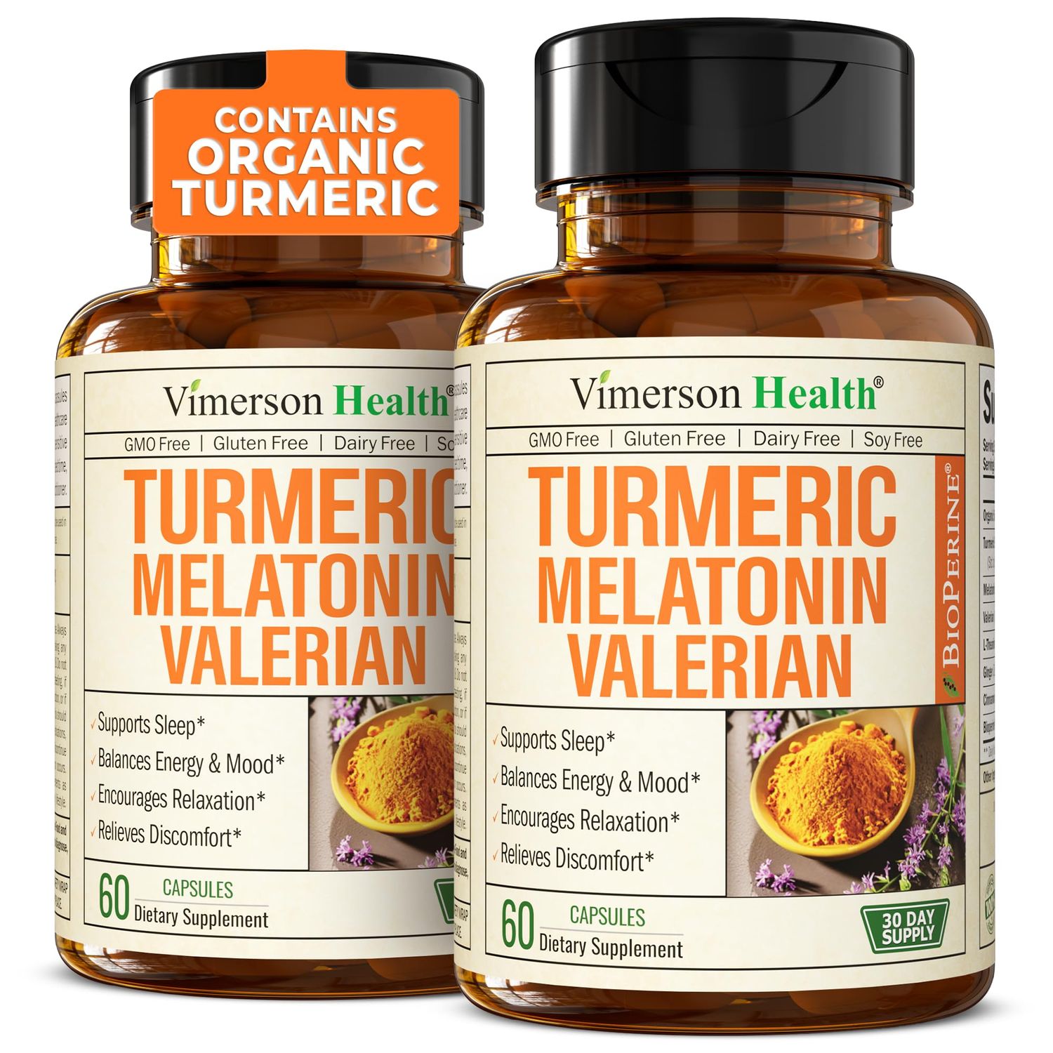 Turmeric Supplement - Turmeric Curcumin with Black Pepper, Melatonin 3mg Valerian. Natural Sleep Aid for Adults with L-Theanine, Ginger, Valerian Root Capsules. Aids Relaxation and Mood. 2 Pack