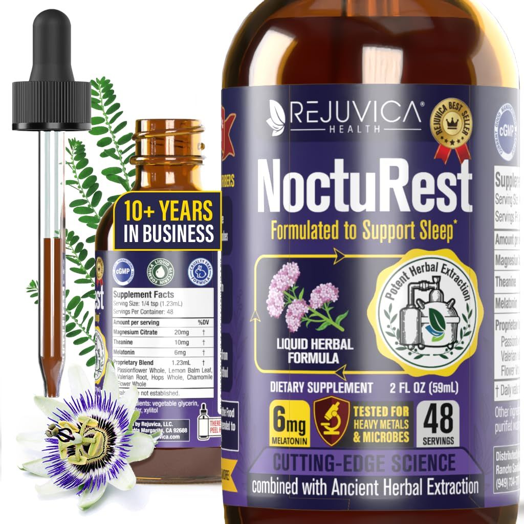 NoctuRest Natural Sleep-Aid with Valerian and Melatonin - All-Natural Liquid Formula for 2X Absorption - Magnesium, L-Theanine More