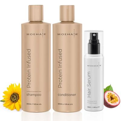 Moehair Protein Infused Shampoo and Conditioner with Hair Serum Pack Sulfate and Paraben Free Shampoo Revitalize Dull, Weak and Damaged Hair Made in the USA