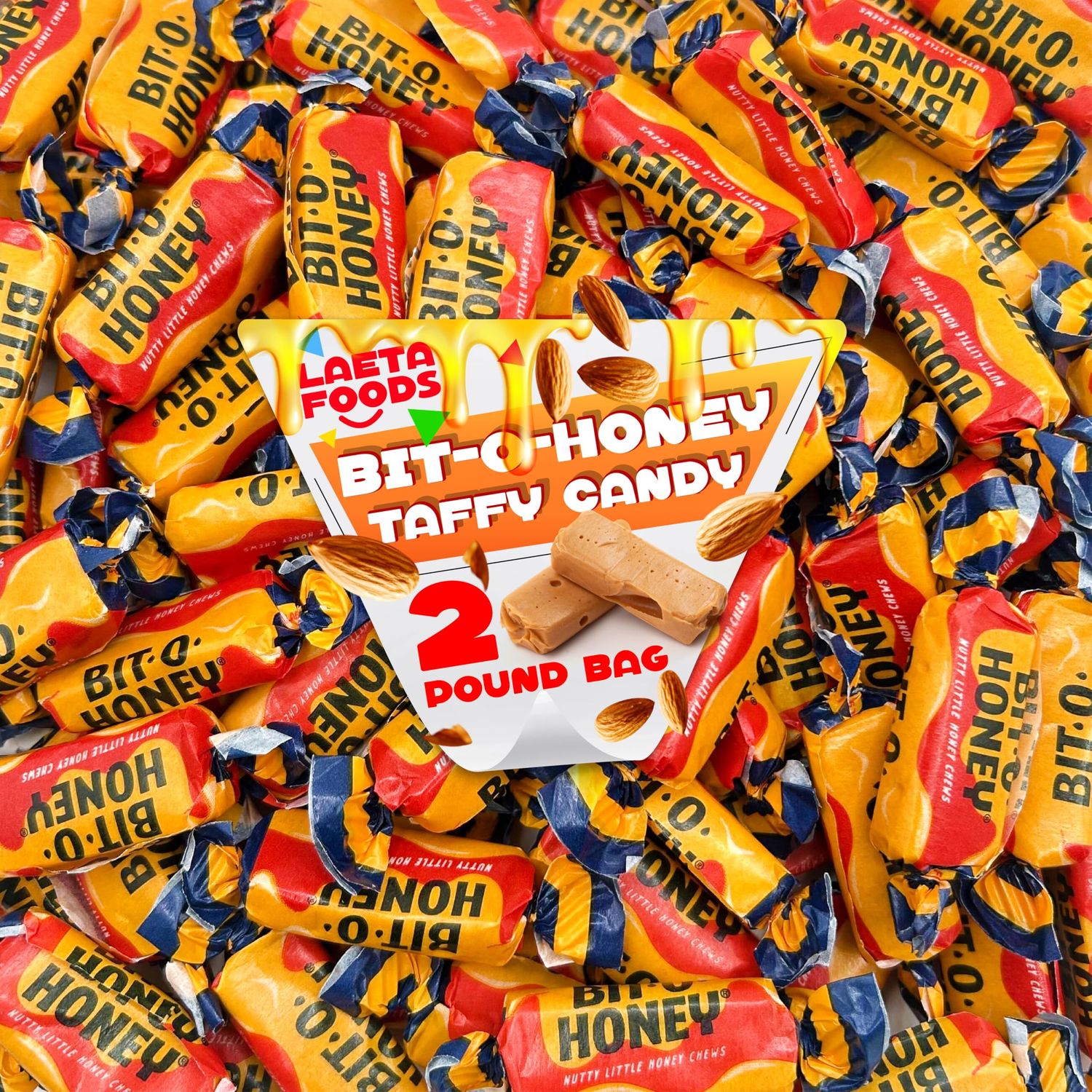 Bit O Honey Candy Bulk 2 Pound Bag About 135 Count Old Fashioned Individually Wrapped Bit O Honey Chewy Candies Classic Honey and Roasted Almonds Chews