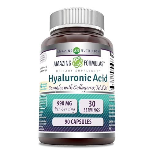 Amazing Formulas Hyaluronic Acid Super Complex with MSM, Collagen Type I III, and Vitamin C 990 Mg 90 Capsules Supplement Non-GMO Gluten Free Made in USA