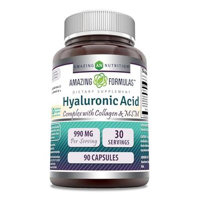 Amazing Formulas Hyaluronic Acid Super Complex with MSM, Collagen Type I III, and Vitamin C 990 Mg 90 Capsules Supplement Non-GMO Gluten Free Made in USA