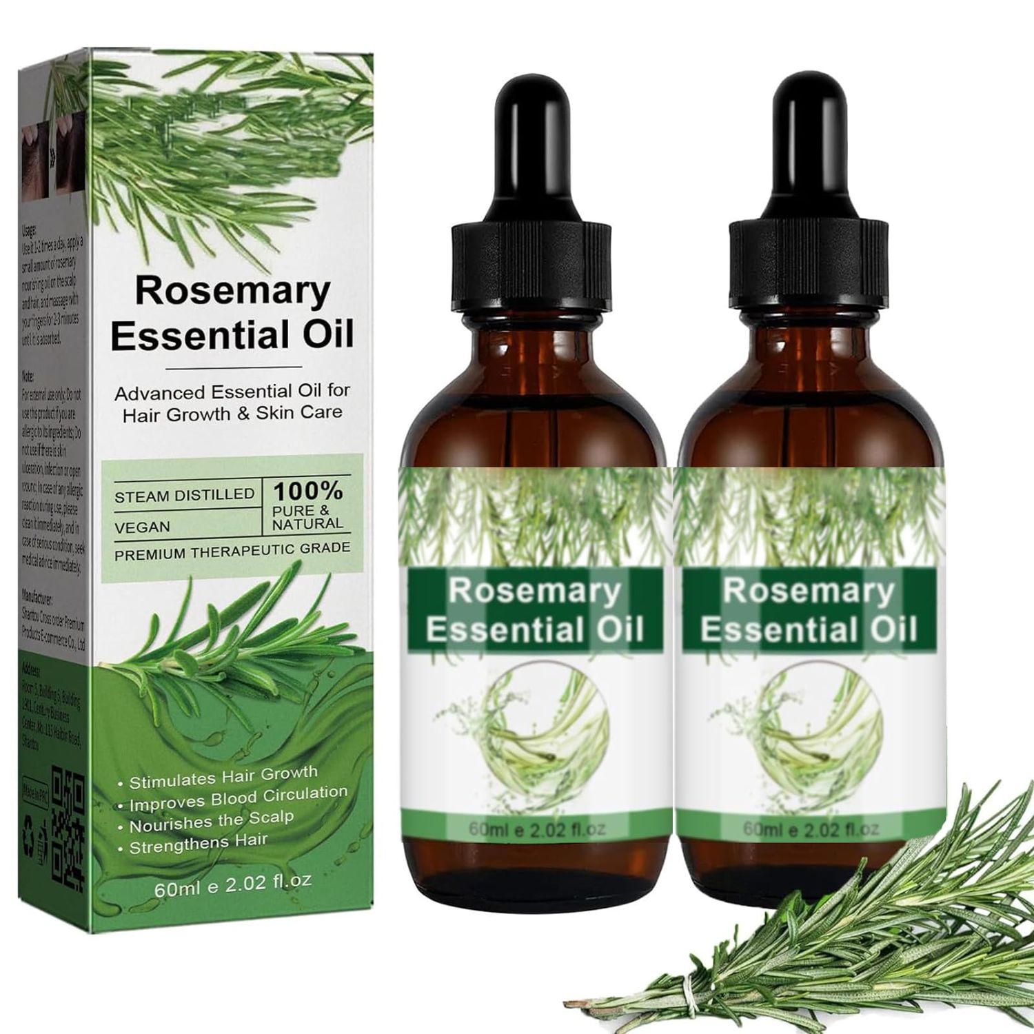Aceite de Romero para Crecimiento y Tratamiento Capilar, Gotero para Estimular el Crecimiento del Cabello y Prevenir la Cada, 60ML2.2 Fl Oz (2 Unidades)