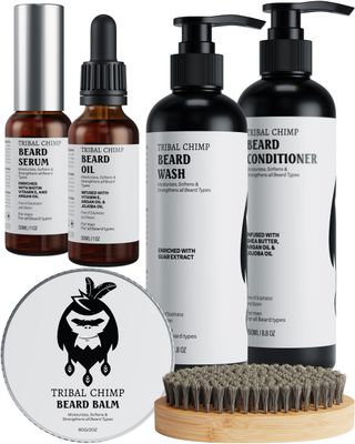 Tribal Chimp Beard Care Kit - Includes Beard Growth Oil, Brush, Conditioner, Balm, Serum and Beard Wash - Nourishes, Hydrates, Cleanses and Moisturizes your Natural Beard