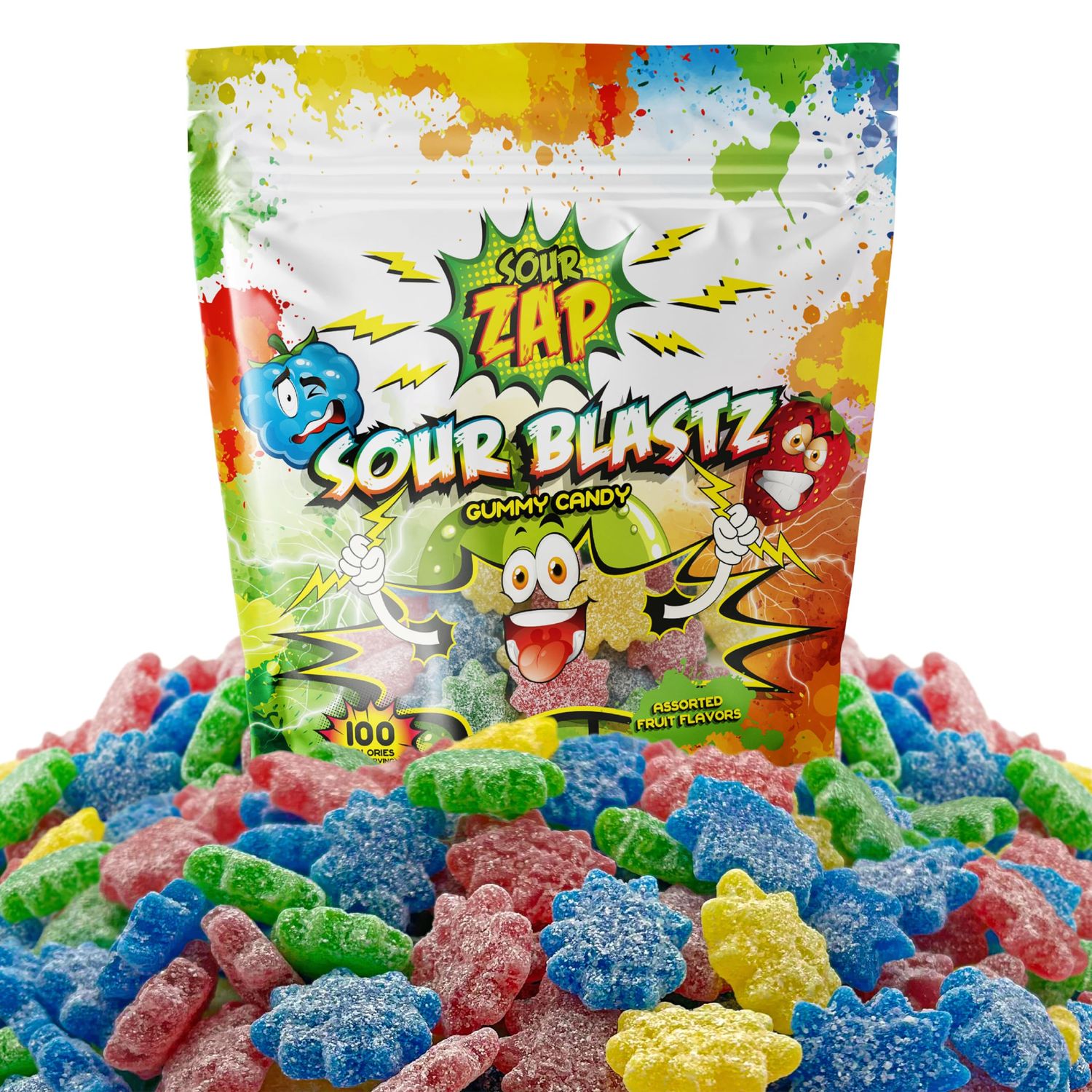 Sour Gummy Candy 8-Ounce Pack Blastz Star Gummies Assorted Fruit Flavors Kids&#39; Party Favors Blue Raspberry, Tutti-Frutti, Green Apple, Strawberry